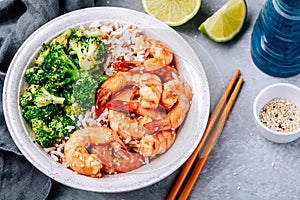 Spicy Shrimp Burrito Bowl with cilantro lime rice and broccoli
