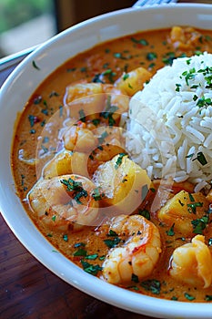 Spicy Shrimp Curry Dish with White Basmati Rice Garnished with Fresh Herbs Served in a White Bowl Traditional Seafood Cuisine High