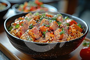 Spicy Shrimp Pasta Dish in Bowl with Scallions and Sesame