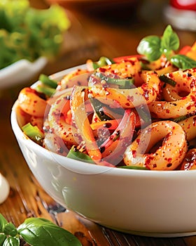 Spicy Shrimp Salad with Fresh Herbs and Bell Pepper in a White Bowl on Wooden Table, Healthy Seafood Dish Concept