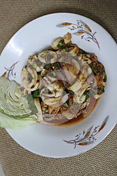 Spicy squid, spicy Thai food with plates