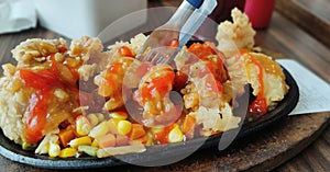 Spicy steak with chicken sweet corn sauce barbeque