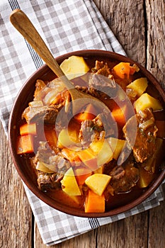 Spicy stew estofado with beef and vegetables in a bowl close-up. Vertical top view photo