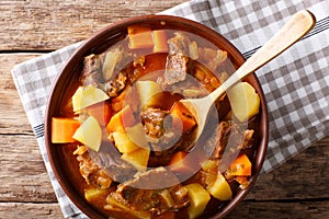 Spicy stew estofado with beef and vegetables in a bowl close-up. horizontal top view photo