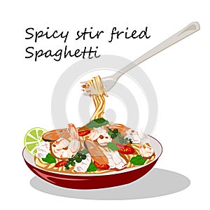 Spicy stir-fried spaghetti with seafood and holy basil leaves.