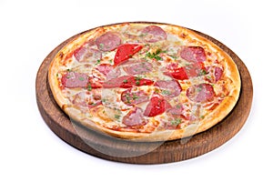 Spicy tasty pizza with salami and red pepper