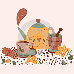 Spicy tea illustration. Hot flavored Spiced tea party print. Cartoon cinnamon, ginger, black paper, cardamon, clove. Cup
