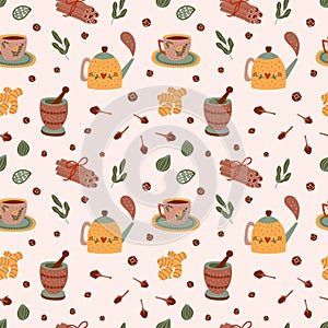 Spicy tea pattern. Spiced tea party seamless background. Cartoon cinnamon, ginger, black paper, cardamon, clove. Cup