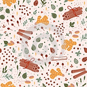 Spicy tea pattern. Spiced tea seamless background. Cartoon cinnamon, ginger, black paper, cardamon, clove. Flavor