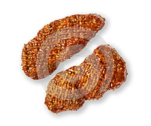 spicy tenderized beef cutlets on white background