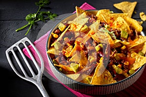 Spicy Tex-Mex chili con carne with nachos photo