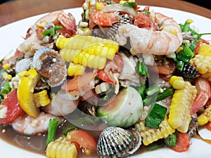 Spicy thai mix seafood and vegetable salad