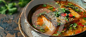 Spicy tom yum pla soup with fish and herbs photo