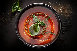 Spicy tomato soup with basil oil. Generative AI