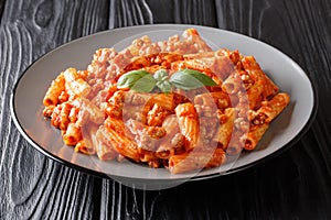 Spicy Tortiglioni pasta with natural bolognese sauce and fresh basil close-up in a plate. horizontal