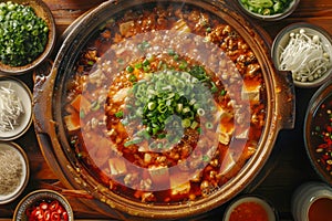 Spicy Traditional Korean Kimchi Jjigae Stew in Earthenware Bowl with Fresh Ingredients on Wooden Table photo