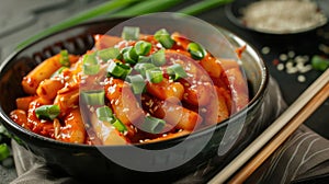 Spicy tteokbokki in a bowl with sesame seeds and spring onions. Korean cuisine close-up shot photo