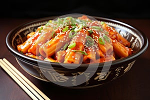 Spicy Tteokbokki food pan snack. Generate Ai photo