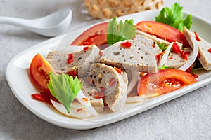 Spicy vietnamese pork sausage salad Yum Moo Yor