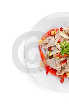 Spicy Vietnamese Sausage Salad on white ceramic plate