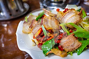 Spicy yak meat in hotpot and fried pig in white plate on wooden table