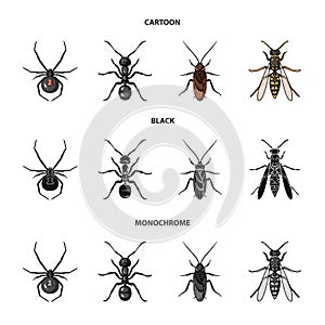 Spider, ant, wasp, bee .Insects set collection icons in cartoon,black,monochrome style vector symbol stock illustration