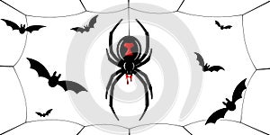 Spider Black Widow, cobweb, bats. Red black spider 3D, spiderweb, isolated white background. Scary Halloween decoration