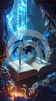 Spider on book in dark cave