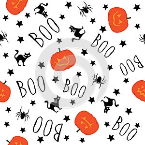 Spider, cat and handwritten boo helloween pattern. Seamless repeat pattern for october holidays for print and textile design. Vect