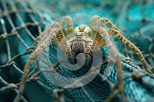 A spider caught in a fishing net. Generative AI