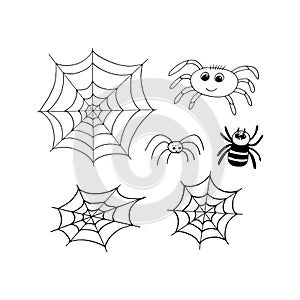 spider and cobweb set icon. hand drawn doodle style. vector, minimalism, monochrome. halloween decor collection.