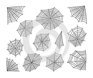 Spider cobweb set. Spooky Halloween cobwebs vector illustration. Scary spider web elements. Set of hand-drawn spiderweb