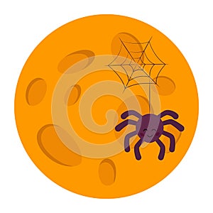 Spider with cobwebs on the background of the full moon .  Cute  illustration, isolated on white. Halloween concept. Good for web