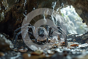 Spider crawling in the cave. Dangerous insect from fairytale