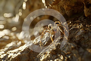 Spider crawling in the cave. Dangerous insect from fairytale.