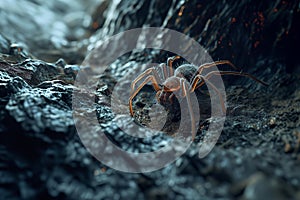 Spider crawling in the cave. Dangerous insect from fairytale.