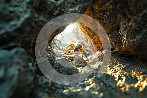 Spider crawling in the cave. Dangerous insect from fairytale.