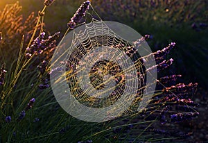 Spider on dew soaked web in Lavender