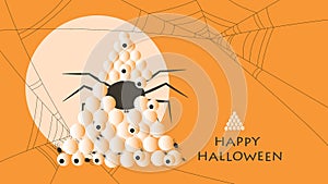 Spider with eggs on orange background with spiderweb and eyes