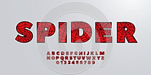 Spider font, alphabet. Black letters on Red background.