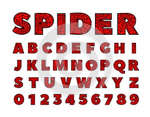 Spider font. Spiderman alphabet. Black letters on Red background. photo