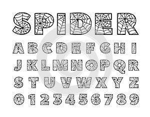 Spider font. Spiderman alphabet. Black letters on Red background. photo