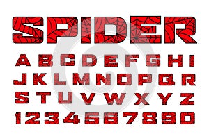 Spider font. Spiderman alphabet. Black letters on Red background.