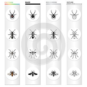 Spider, insect ant, mosquito, bee. Insect set collection icons in cartoon black monochrome outline style vector symbol