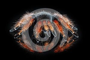 spider on isolated black background with reflection. Close up big red tarantula Theraphosidae