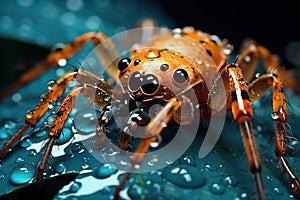Spider with many eyes sits on blue leaf in wildlife, macro view photo