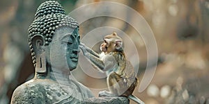 Spider monkey cleaning buddha statue