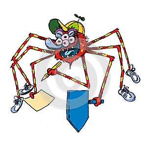 spider painter with accessories with a blue signpost