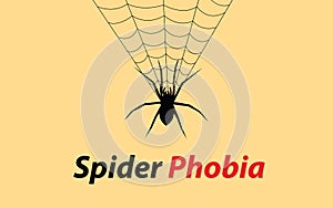 Spider phobia concept illustration with web and text banner