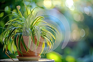 Spider plant (Chlorophytum comosum) in Flowerpot Isolated, Spider House Plant in Flowerpot